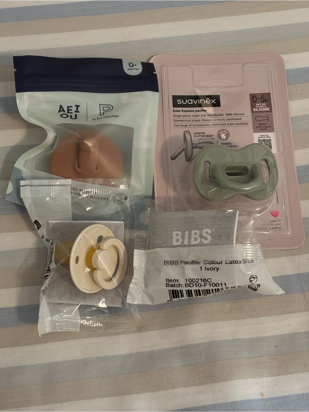 Pacifier Sampler Set in Neutrals- AEIOU, Bibs, and Suavinex